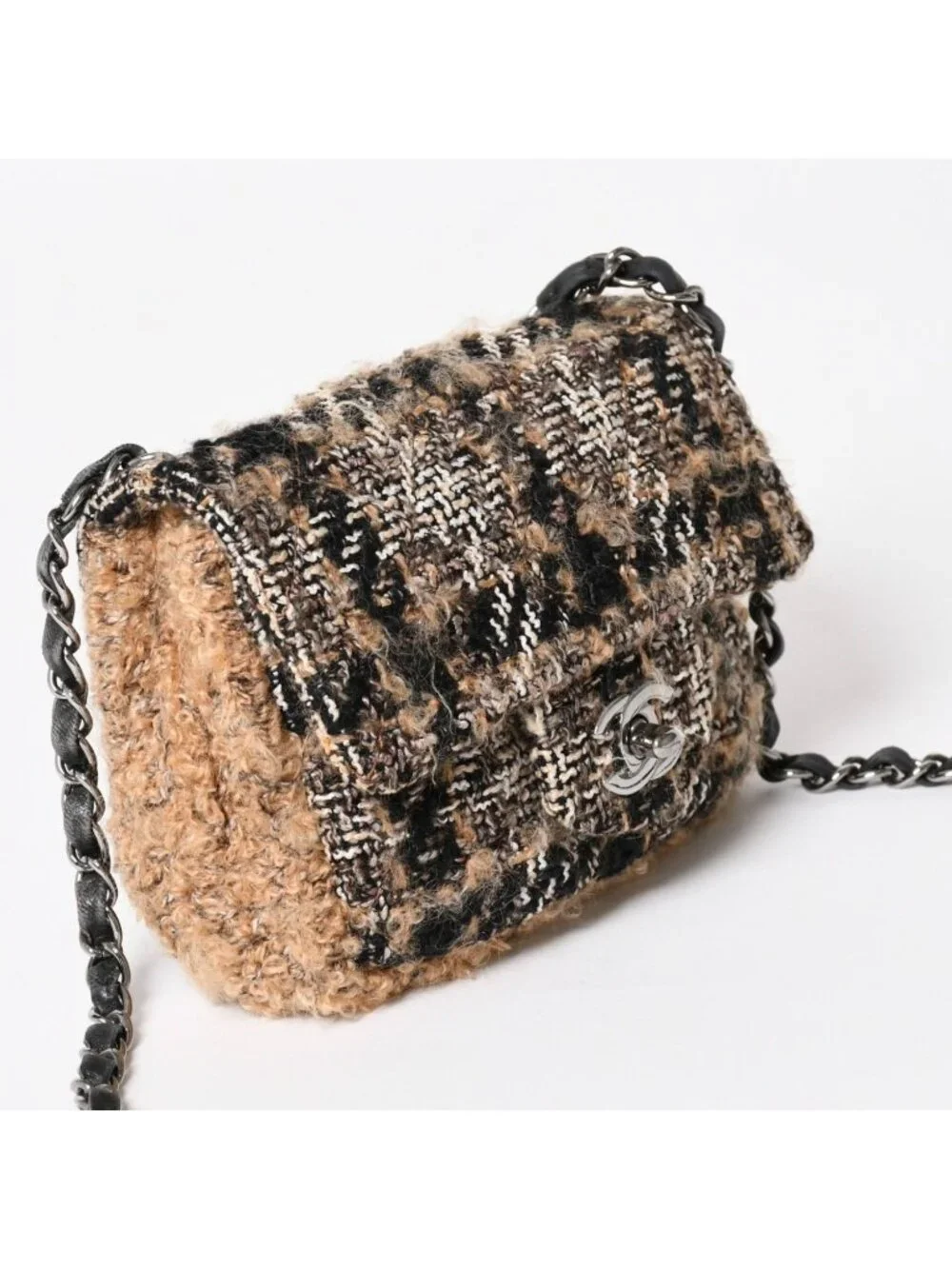 Chanel Mini Square Flap Shoulder Bag Tweed Leather Beige Silver